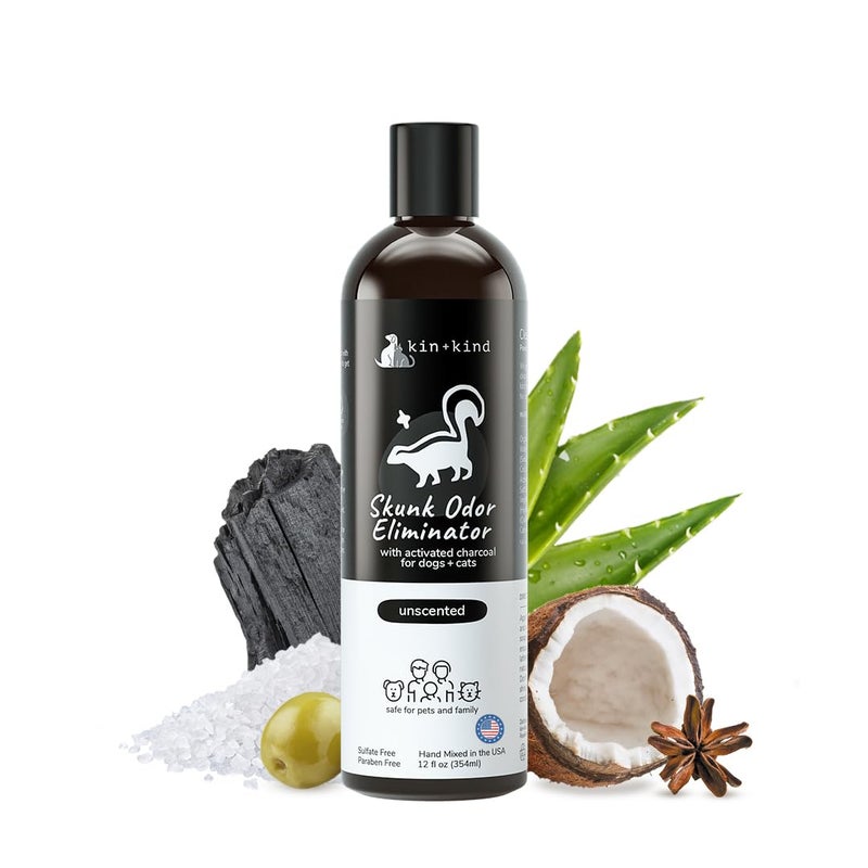 kin+kind Skunk Shampoo for Dogs & Cats - Activated Charcoal Odor Eliminator(12 fl oz) - Safe for Dogs and Cats, Removes Skunk Scent - Natural Blend with Coconut and Olive Oil - Unscented - Made in USA - Image 1